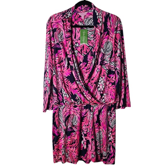 Lilly Pulitzer Dresses & Skirts - NWT‎ Lilly Pulitzer XL Felizia Silk Dress Faux Wrap Front Bright Navy 3/4 Sleeve